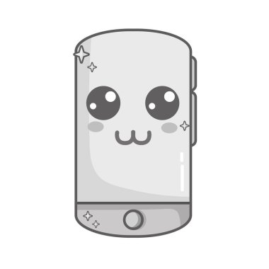 gri tonlamalı kawaii şirin mutlu smartphone teknoloji vektör çizim