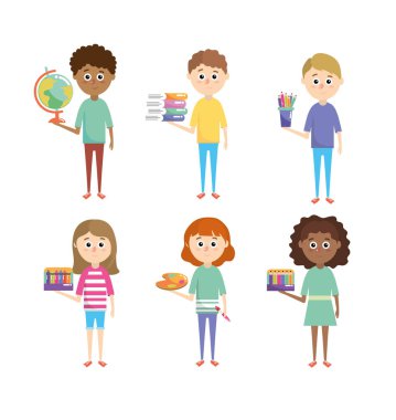 kız ve erkek çocukların okul gereçleri ile vektör çizim ayarla.