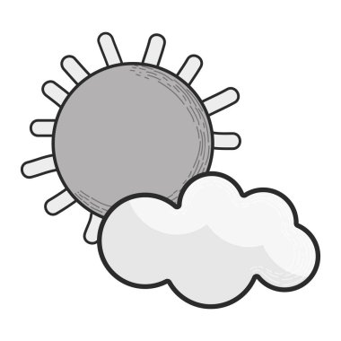 gri tonlamalı güneş ve bulut çizgi film karakteri, vektör çizim tasarım