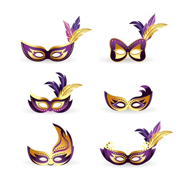 Maskers Met Veren Decoratie Ingesteld Merdi Gras Vectorillustratie — Stockvector