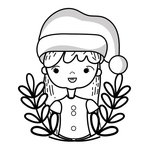 线漂亮的女孩与圣诞节衣服和分支叶设计向量插图 — 图库矢量图片
