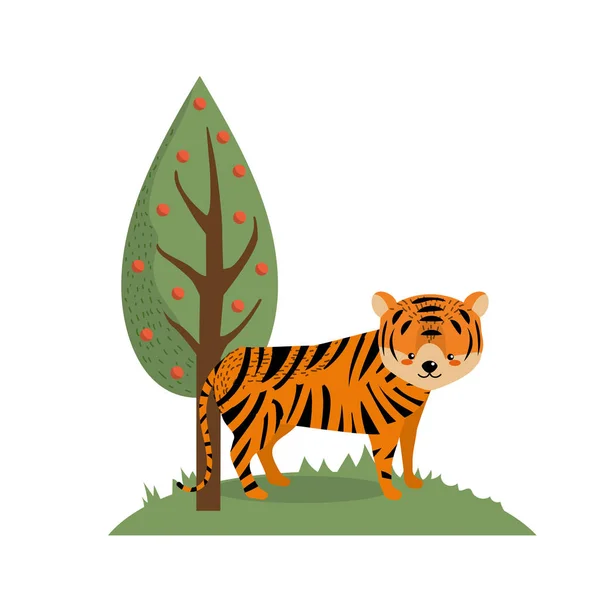 Animal Sauvage Tigre Mignon Côté Illustration Vectorielle Arbre — Image vectorielle