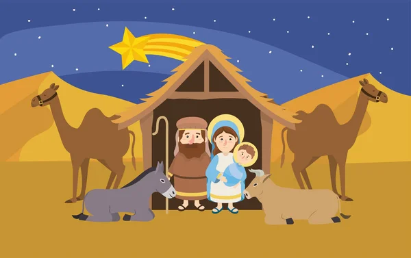 Marie Joseph Avec Jésus Intérieur Crèche Des Chameaux Illustration Vectorielle — Image vectorielle