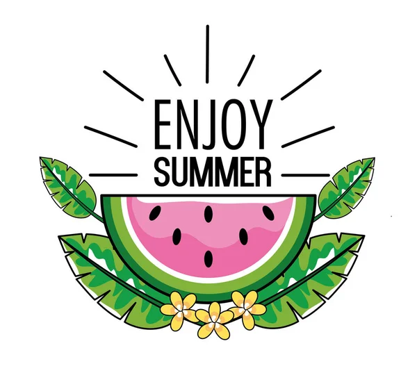 Disfrutar Del Verano Watermelofruit Con Ilustración Vector Hojas — Vector de stock