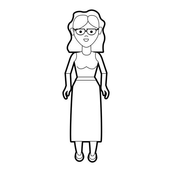 Línea Agradable Mujer Con Gafas Blusa Falda Larga Ilustración Vectores — Vector de stock