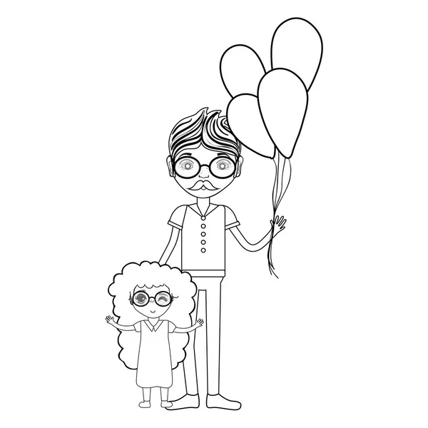 Linha Pai Com Sua Filha Balões Ilustração Vetorial — Vetor de Stock