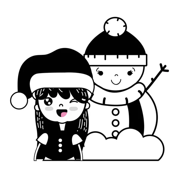 Kontur Mädchen Mit Weihnachtskleidung Und Schneemann Design Vektor Illustration — Stockvektor