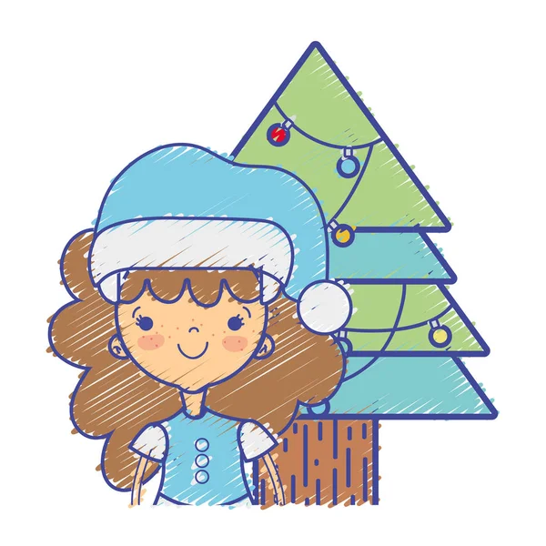 Mädchen Mit Weihnachtskleidung Und Kiefer Mit Lichtern Vektor Illustration — Stockvektor