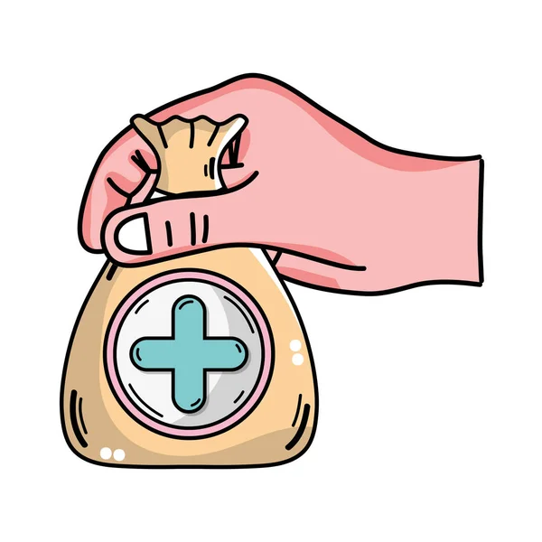 Mão Com Dotação Saco Com Coração Cruz Símbolo Vetor Ilustração — Vetor de Stock