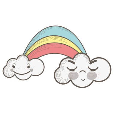 Kawaii rainbow ile bulutlar yüz ifadesi, vektör çizim ile