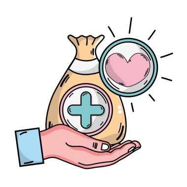 çanta dotation kalbi ile el ve simge vektör çizim çapraz