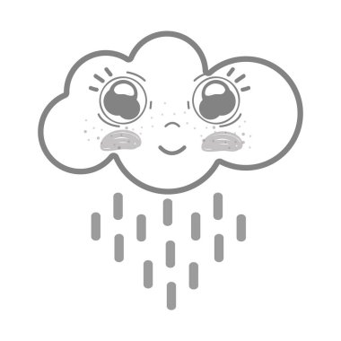 Beyaz kawaii mutlu bulut yağmur gözleri iri ve yanakları, vektör çizim tasarım