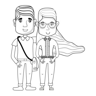 saç modeli ve rahat kıyafetler, vektör çizim ile güzel çift hat