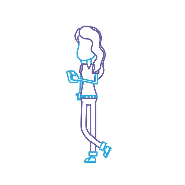 Lijn Schoonheid Vrouw Met Kapsel Smartphone Hand Vector Illustrtaion — Stockvector