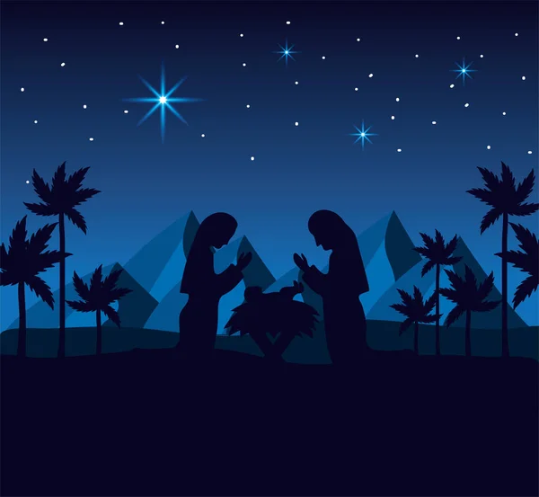 Joseph Mary Con Jesús Desierto Con Ilustración Vectorial Montañas — Vector de stock