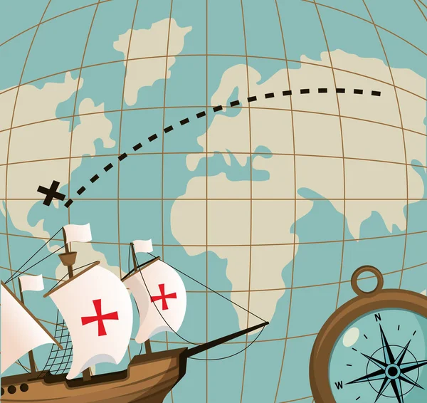 Columbus Day Ship Brújula Mapa Mundial Vector Ilustración Gráfica Dsign — Vector de stock