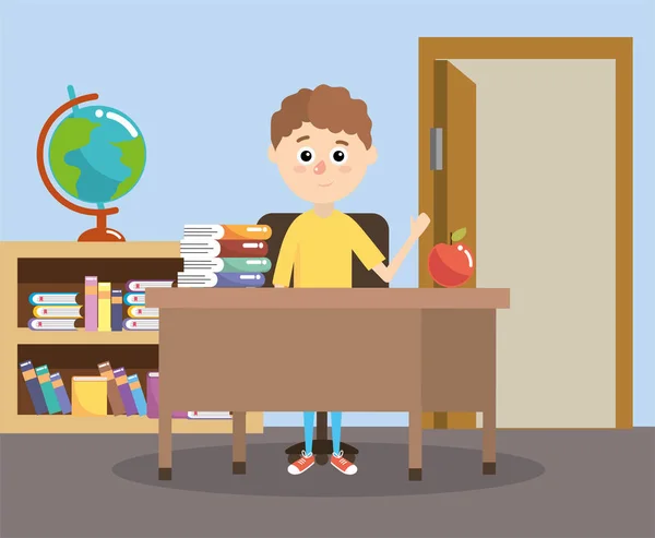 Junge Klassenzimmer Mit Schreibtisch Und Bildungsbüchern Vektor Illustration — Stockvektor