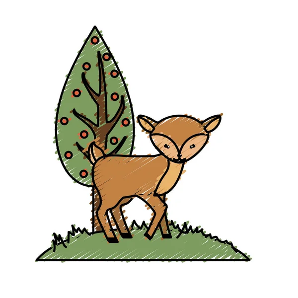 Cute Deer Wild Animal Next Tree Vector Illustration — Stock Vector