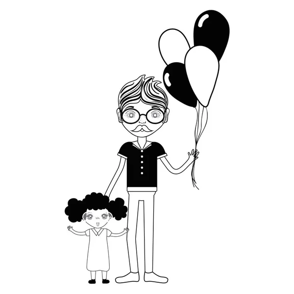 Contour Father His Daughter Balloons Vector Illustration — Stock Vector