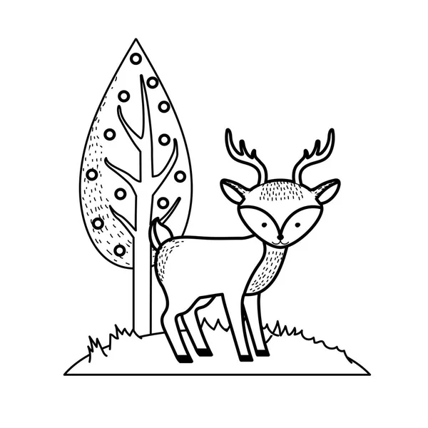 Linie Niedlich Hirsch Wildes Tier Neben Baum Vektor Illustration — Stockvektor