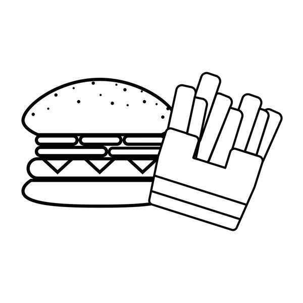 Línea Sabrosa Hamburguesa Con Papas Fritas Comida Rápida Vector Ilustración — Vector de stock