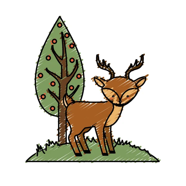 Bonito Cervo Selvagem Animal Lado Árvore Vetor Ilustração — Vetor de Stock