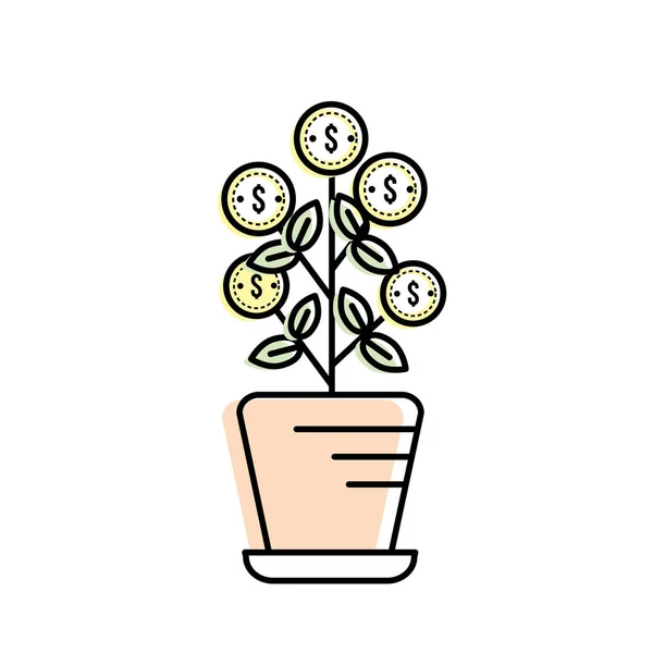 Planta Com Moedas Folhas Dentro Flowerpot Vetor Ilustração — Vetor de Stock