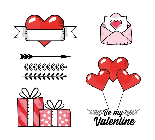 Set Love Card Presents Gifts Hearts Balloons Vector Illustration — Stock Vector