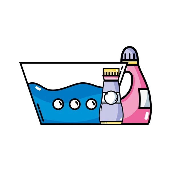 Vatten Hink Med Tvättmedel Flytande Och Sköljmedel Flaska Vektorillustration — Stock vektor