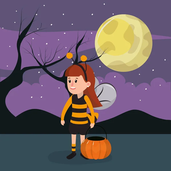 Dívka Halloween Custome Strašidelné Scenérie Kreslené Vektorové Ilustrace Grafický Design — Stockový vektor