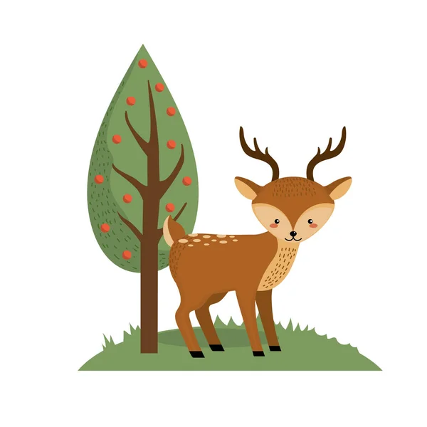 Bonito Cervo Selvagem Animal Lado Árvore Vetor Ilustração —  Vetores de Stock