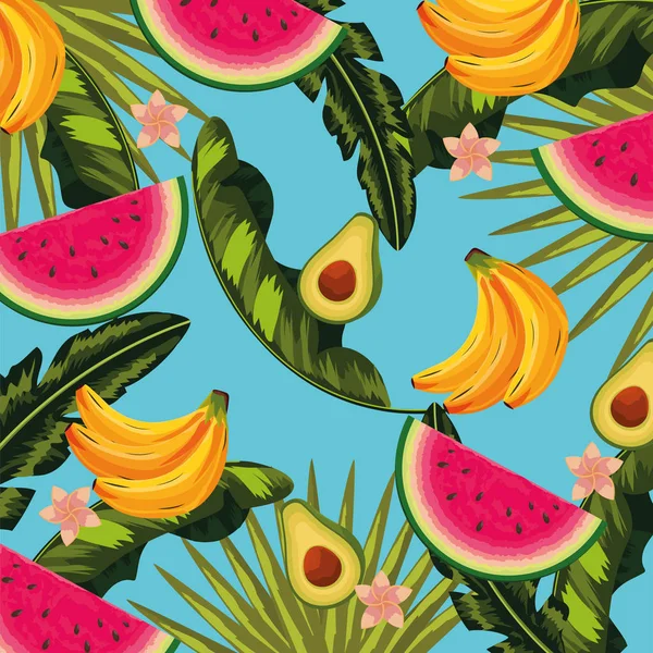 Deliziosi Frutti Foglie Tropicali Piante Sfondo Vettoriale Illustrazione — Vettoriale Stock