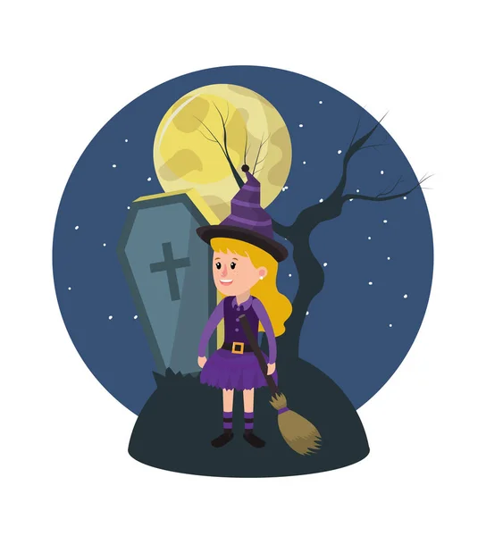 Girl Halloween Custome Scary Scenery Cartoon Icon Vector Illustration Graphic — Stock Vector