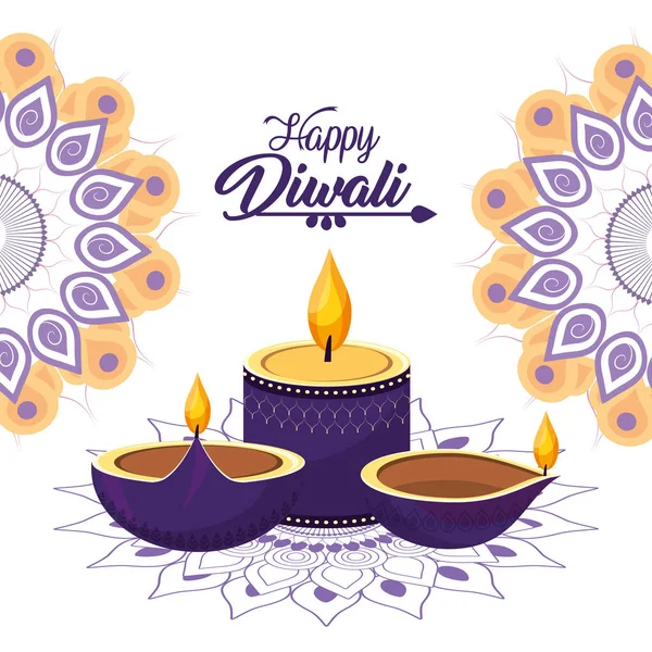 Candela Diwali Lits Vasi Con Mandala Vettoriale Illustrazione — Vettoriale Stock