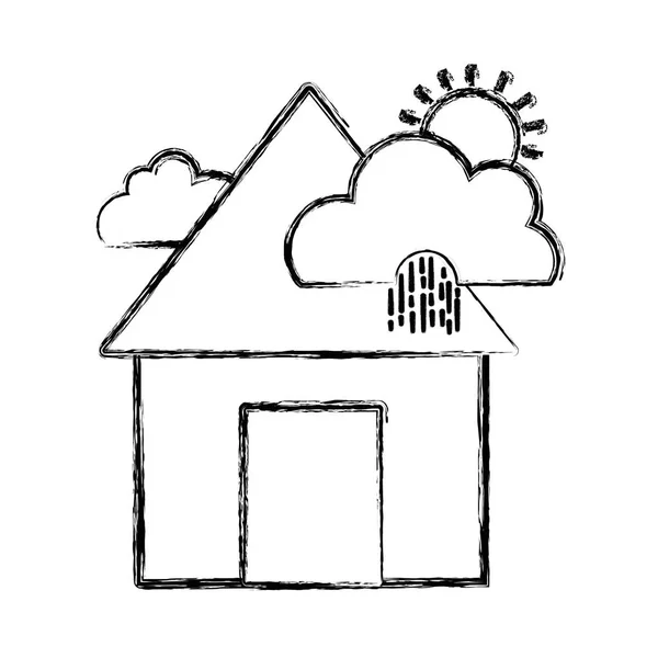 Figura Casa Com Nuvens Chuva Sol Tropical Tempo Vetor Ilustração —  Vetores de Stock