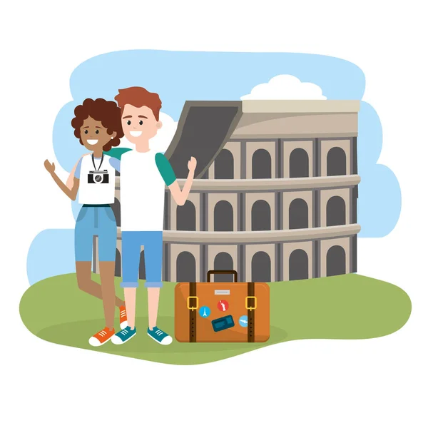 Mujer Hombre Pareja Con Maletín Coliseo Vector Ilustración — Vector de stock