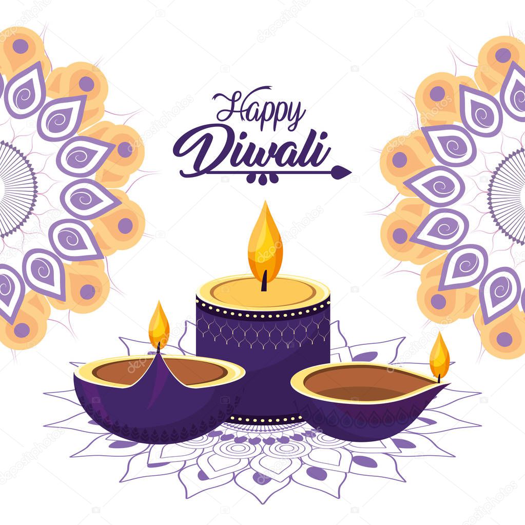 diwali candle and vessels lits with mandalas vector illustration