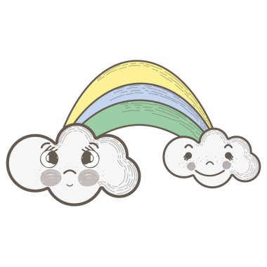 Kawaii rainbow ile bulutlar yüz ifadesi, vektör çizim ile