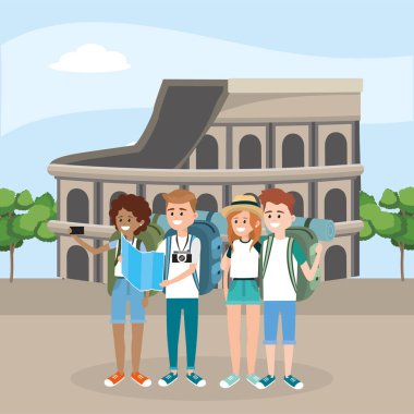 Kadınlar ve erkekler colosseum smartphone ile vektör çizim seyahat