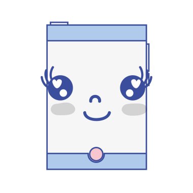 gri tonlamalı kawaii şirin mutlu smartphone teknoloji vektör çizim