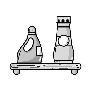 gri tonlamalı raf yumuşatıcı ve deterjan sıvı şişe vektör çizim ile