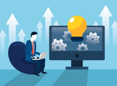 dizüstü bilgisayar teknolojisi ve bilgisayar ampul fikir vektör çizim ile işadamı