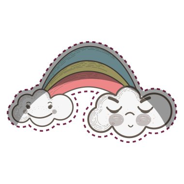 Kawaii rainbow ile bulutlar yüz ifadesi, vektör çizim ile