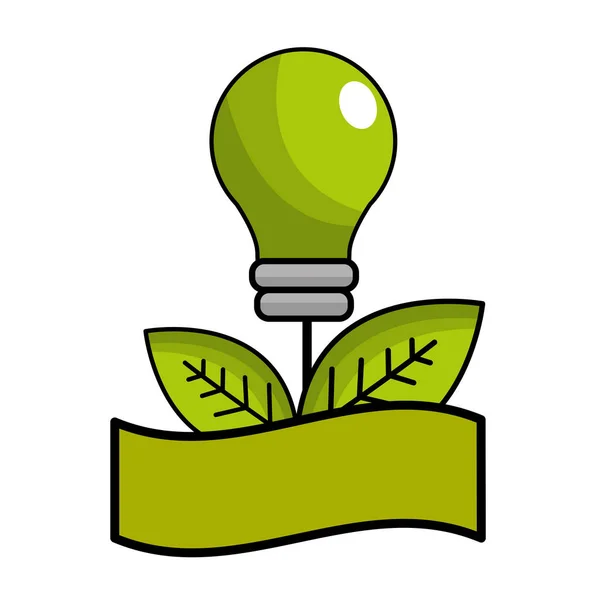 葉とリボンのベクター イラスト デザインを持つ緑の電球 — ストックベクタ