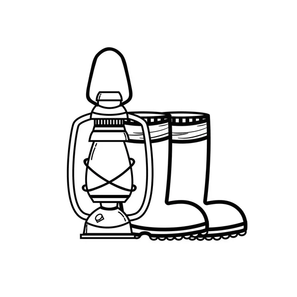 line fishing tool old lamp hand and boots vector illustration