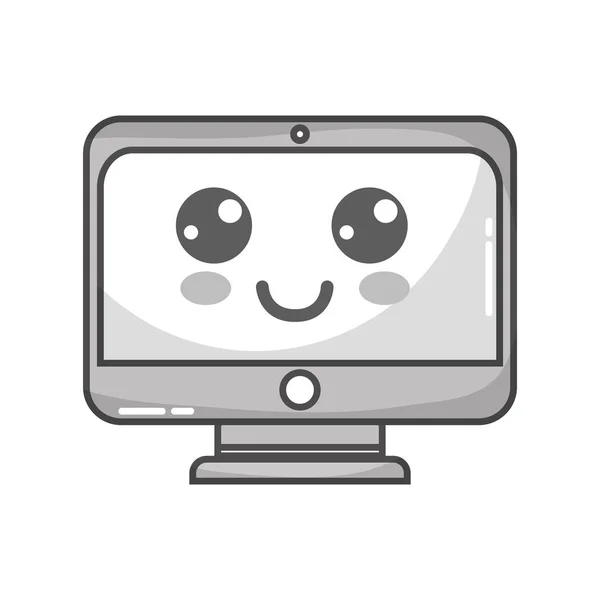Grayscale Kawaii Cute Happy Screen Monitor Vector Illustration — стоковый вектор