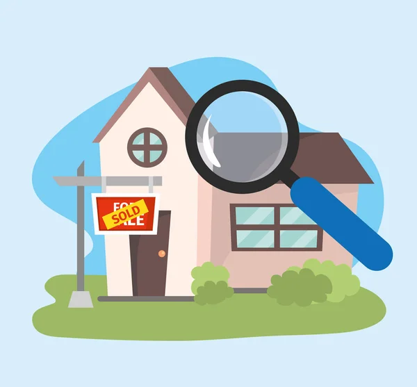 房子卖的物产计划与放大镜向量例证 — 图库矢量图片