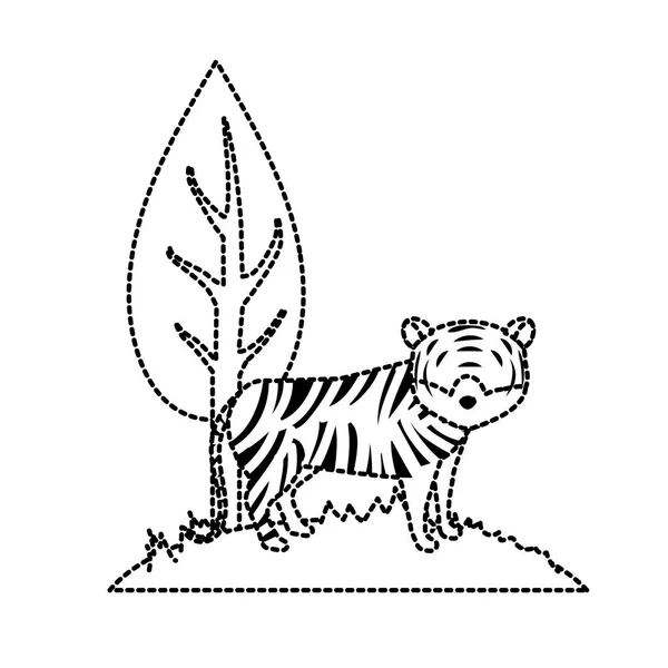 Forme Pointillée Tigre Mignon Animal Sauvage Côté Illustration Vectorielle Arbre — Image vectorielle
