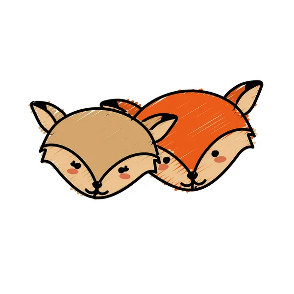 Şirin Fox Baş Hayvan Çift Birlikte Vektör Çizim — Stok Vektör