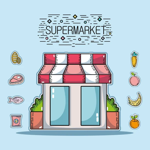 çeşitli gıda vektör çizim ile süpermarkette alışveriş ürünleri
